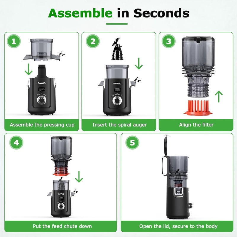 OMMO Cold Press Juicer Machines : 5.1" Wide Feed Chute Slow Masticating Juicer for Whole Fruits & Vegetables, Easy to Clean, High Juice Yield, BPA Free, Black - Image 5